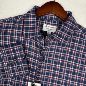 NEW Sperry Premium Apparel Mens S Plaid Flannel Button Up Shirt Navy Red SP7109